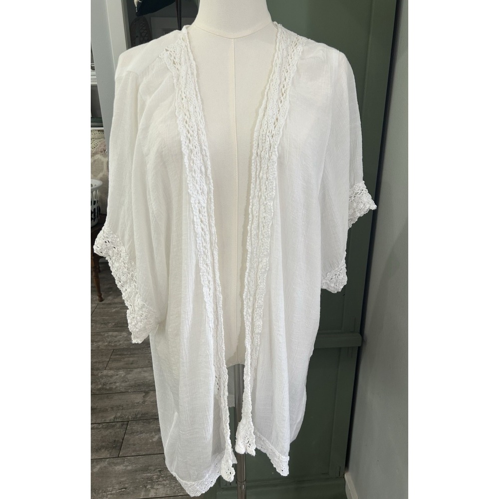 Women's White Open Cardigan Top Size L Crochet Trim Boho Coastal Beachy Vacation